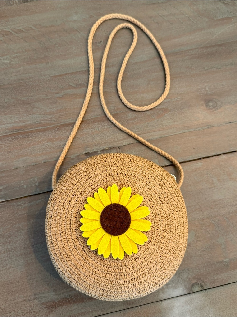 Straw Round Crossbody Bag with Yellow Sunflower Accent - Picture 1 of 12